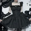 Vestidos casuales Goth Black Corset Vestido Mujeres Off Hombro Pliegues Harajuku Vintage Estética Lace Up Cintura Alta Punk Elegante Una Línea
