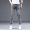 2023 Lente/zomer Dunne Europese en Amerikaanse Trendy Populaire Print Elastische Slim Fit Kleine Rechte Pijp Veelzijdige 9-inch Jeans voor Heren