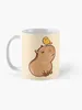 Tassen Capybara mit gelbem Vogel, Kaffeetasse, Tassen und Frühstückstasse aus Keramik