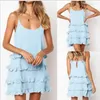 Vestido de verão feminino casual estilingue folha de lótus renda costura cor sólida praia plissada