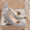 Luxury Gold Silver -paljetter pumpar kvinnor Autumn Slip On High Heels Party Wedding Shoes Woman Point Toe Thin Heeled 240103