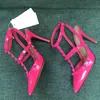 Nya färgsandaler för kvinnor pekade högklackade bröllopskor äkta läderklassiker två bälten rosa lyxdesigner sandal med dammpåse toppkvalitet