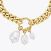 Enfashion 3 Natural Pearls Wide Chain Armband för kvinnor Rostfritt stål Guldfärg Bangle Fashion Jewelry Pulseras Party B2238 240104