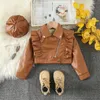 2024 Spring Girls Pu Leather Jacka Kids Lapel Falbala Fly Sleeve Locomotive Outwear Fashion Children All-Matching Clothing Z6477