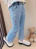 Mädchen bunte Liebe Herz Stickerei Jeans Kinder elastische Taille Denim Schlaghose Valentinstag Kinder gerade Cowboy-Hose Z6499