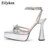 Eilyken chegou glitter strass mulheres bombas moda dedo do pé apontado cristal pvc sandálias transparentes salto alto sapatos femininos 240103