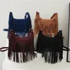 Hifashion Retro Wildleder Fransen Hobo Umhängetaschen für Frauen Trend Designer Schultertasche Damen Handtaschen Schwarz Braun Blau 240104