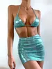 Femmes or brillant métallique maillots de bain 3 pièces vêtements de plage maillot de bain brillant maillot de bain Dorado Metalizado Mujer Bikini ensemble 240104