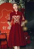 Trational sammet vin röd kinesisk cheongsam bröllopsklänning kvinnor kinesisk teperemoni qipao brudklänning lady party klänning