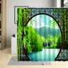 Chinese Style Shower Curtain Vintage Wood Board Garden Building Green Plant Bamboo Pattern Bathroom Decor Polyester Set 240105