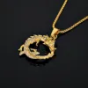 Hip Hop Iced Out Bling Chinese Dragon Pendant Statement Male Golden Color 14k Yellow Gold Animal Necklace For Men Jewelry Gift