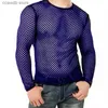 Męskie koszulki Nowe okrągłe szyję puste ubrania Man Summer siatka siatka Sheer Long Rleeve American Style plus size Pullover T240105