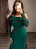 Vestidos de noite verde escuro festa vestido de baile personalizado zíper rendas até plus size sereia trompete cetim elástico novo fora do ombro manga longa frisado applique lantejoulas split