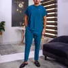 Abito a due pezzi da uomo in caftano, completo da uomo, girocollo, manica corta, top etnico, camicia, pantaloni, abbigliamento comodo, abiti da sposa 240104