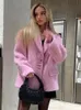 Pink Lapel Woolen Plush Coat Elegant Long Sleeve Button Office Lady Blazer Jacket 2023 Vintermodepaket Löst 240105