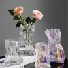 Ins Creative Glass Wazon Fold przypominający papierowy luksusowy wazon kwiatowy dekoracja domowa nieregularna przezroczysta szklana wazon hydroponiczna sztuka 240105