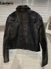 Lautaro Spring Autumn Cool Short Black Shiny Reflective Print Patent Pu Leather Jacket Women Long Sleeve Fashion 240104