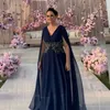 Elegant Dark Navy Chiffon Mother of the Bride Dresses V Neck Gold Lace Appliques Long Formal Wear Cape Sleeves Evening Party Gowns A Line Wedding Guest Dress