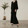 Pantalones De Dos Piezas para Mujer Young Gee Traje De Suéter De Pierna Ancha De Talle Alto Grueso Conjuntos De Mujer Top Suelto De Punto con Cuello En V Pantalones Largos con Cinturón