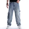 Jeans masculinos estilo baggy hip hop solto grande bolso meninos skate rap punk angustiado azul cowboy calças plus size 46