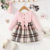 Girl Dresses Toddler Baby Girls Wool Plaid Ribbed Dress Princess Long Sleeve Knitted Bow Headband Children A-linen Outfits Clothing