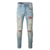 Американские модные молодежные брюки с дырками в стиле ретро, детские облегающие джинсы с заплатками, рваные джинсы Amiryes, мужские большие размеры, светло-голубые