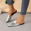 Zapatillas Mujer Verano Sandalias De Cuero Brillantes Color Sólido Punta Cuadrada Parte Inferior Plana Mules Modernas Moda Casual Cómodos Zapatos De Oficina para Mujer