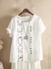 Blouses Femmes 5XL Mode Fleur Broderie Coton Lin Chemise Casual Été Femmes O-cou À Manches Courtes Blanc Pull Top Élégant Rue