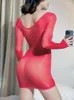 Abiti casual Lucido lucido Abito a maniche lunghe Bodystocking Trasparente Sexy Vestido Collant Pacchetto Hip Minifalda Minigonna Clubwear