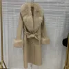 Длинное женское шерстяное кашемировое смешанное пальто с большим воротником из натурального лисьего меха, модная зимняя куртка, двубортный пояс, верхняя одежда, манжеты 240105