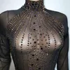 Stage Wear Black Tassel Sparkling Rhinestone Dress Women Sexy Club Mesh See Through Outfit Party Show Performance