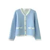 2024 Spring Blue Contrast Color Ribbon Tie Bow Sticked Cardigan tröja Långärmad V-ringning Dubbelfickor Single-Breasted Sweaters Coats X3D281119