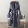 Real Double Face Rabbit Fur Coat Womens MidLength Winter CloseFitting Leather Fox Fur Collar Cuffs Fur Garments 240105