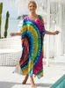 Damen-Badebekleidung, 2024, Maxikleid, bunter Druck, Strand-Vertuschung, Winter, lockerer V-Ausschnitt, langer Sarong, Kaftan, Pareos, Robe Plage, Strandmode, Tuniken