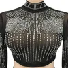 Suits Zoctuo Long Sleeve Two Piece Set Women kjol Set Mesh Patchwork Diamonds Top Women's Sexy Sexy Club Party Elegant Outfits 2022