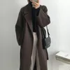 Overcoat Long Wool Coat Jacket Women Autumn Winter Lapel Topcoat Waistband Solid Color Overgarment Elegant Sleeved 240105