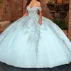 Небесно-голубое платье принцессы Sweet 16 Quinceanera с открытыми плечами, аппликация, кружевной корсет с бисером, платье для дебютантки 15 лет