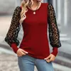 Kvinnor Blusar Spring Autumn Women Sheer Mesh Patchwork Elegant T Shirts Fashion Casual O Neck Long Sleeve Slim Pullover Basic Tops Blus