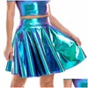 Jupes Été Sexy Laser taille haute Mini jupe en cuir Pu Club fête danse brillant holographique Harajuku Jk métallique plissé 220317 Dro Dhtno