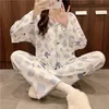 Japanese Kimono Autumn Winter Womens Pyjamas Set Cotton långa ärmar Homesuits Casual V-Neck Lapel Sleepwear Size S-2XL 240104