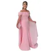 Rosa Abendkleider mit 3D-Blumenapplikationen und abnehmbarem Chiffon-Umhang, schulterfrei, lange Meerjungfrau-Kleider für formelle Anlässe, wunderschönes Ballkleid
