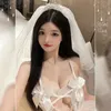 Sexi Erotic Bride Outfit Wedding Lingerie Set Sexy Women Babydoll Bridal White Lace Dress Crown Veil Stocking Underwear Set 240105