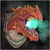 Decorative Objects Figurines Dragon Legends Prop 3D Wall Mounted Smoked Led Head With Decor Statue Dinosaur Hanging Light Art Scpt Dhmpd