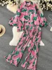 Skjortor Spring Women Floral Casual Elegant 2 Pieces Set Loose Shirts Tops Wide Leg Pant Suit Female Fashion Vintage Clothes New