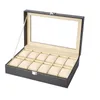 12 Slot PU Leather Watch Box Display Case Jewelry Organizer med Glass Top 240104