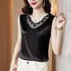 Women's Tanks Korean Black Elastic Satin Lace Hollow Vest Fashion Formal V-neck Sleeveless Office Lady Suit Inside Tops Tees B3373