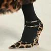 Sandals Women's Pointed Toe Double Ankle Straps Sexy Patent Leopard Shoes High Wedge Heels Dress Summer Pumps