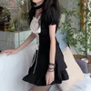 Casual Dresses Puff Short Sleeve Dress Women Sweet Design Patchwork Bandage Ruffles Mini Retro French Style Ball Gown Vestidos Girlish