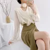 Women's Blouses French Sweet White Chiffon Shirts For Women Unique V-Neck Straight See Through Long Sleeve Blouse Female Tops 2024