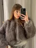 TRAF femmes fausse fourrure mode manteaux gris ample Vintage Oneck recadrée vestes 2023 hiver femme élégant fête pull à capuche manteau 240104